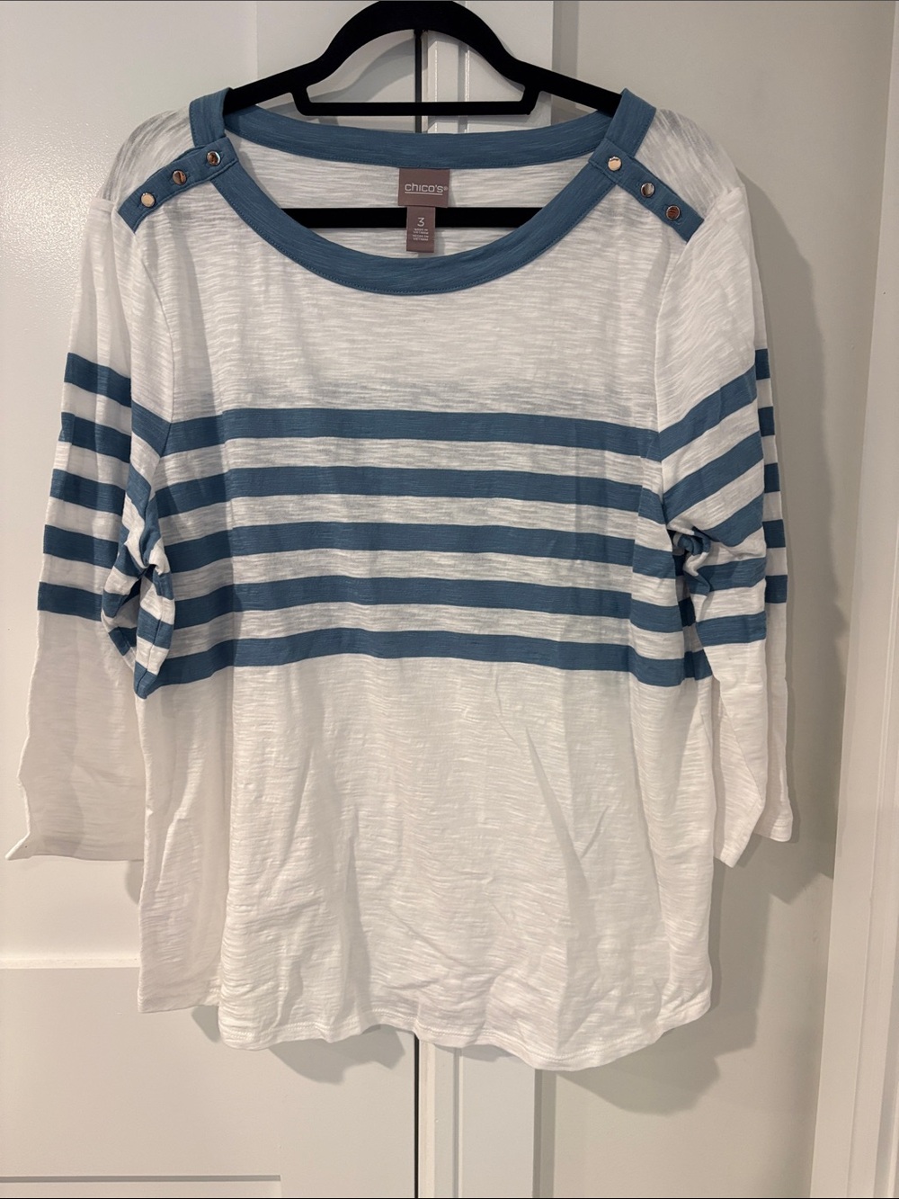 Chico's Woman’sWhite and Blue Striped Button-Shoulder Long Sleeve Top Size XL